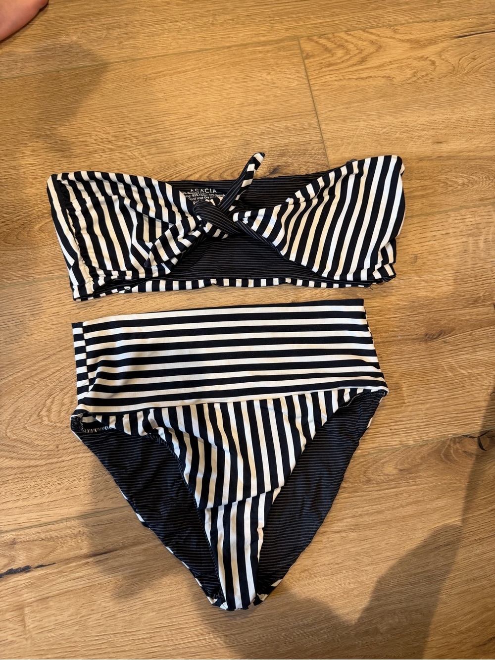 acacia swimwear Black & White Striped Bandeau Bikini Set